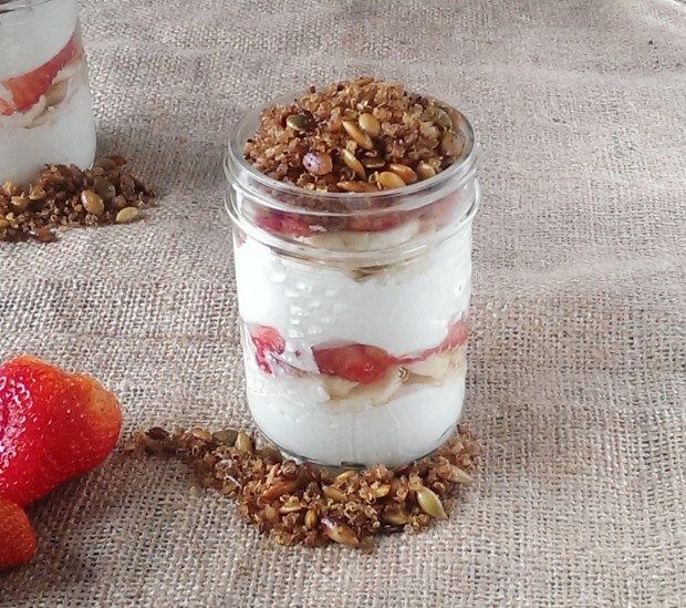 This Greek yogurt parfait is gluten free and topped with a delicious homemade quinoa muesli