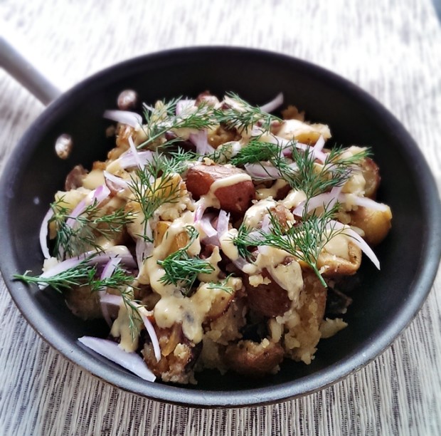 Smashed potatoes with a horseradish mayonnaise.  It's gluten free and dairy free