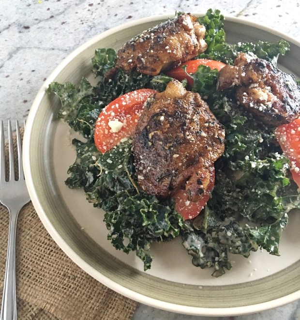Finished Kale Caesar Salad with Balsamic Chicken Thighs